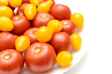ripe, fresh, natural, multi-colored tomatoes on a white background