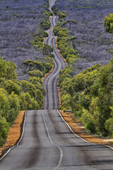 Adventure road trip on Kangaroo Island in Australia with long, twisting, hilly road reflecting...