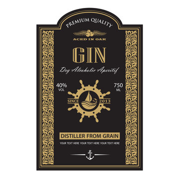 template gin label with helm and yacht in retro style