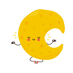 Cute funny Moon meditate in yoga pose. Vector hand drawn cartoon kawaii character illustration icon. Isolated on white background. Moon meditate concept