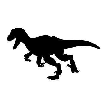 Black realistic silhouette of a dinosaur on a white background. Raptor. Vector illustration