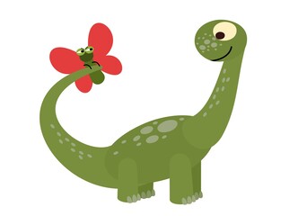 Baby dinosaur playing with a butterfly. The isolated object on a white background. Cheerful kind animal child. Cartoons flat style. Prehistoric reptile. Illustration vector