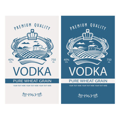 collection of vodka labels with royal crown, field and ears of wheat in retro style