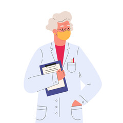 Old female doctor in a medical gown with folder. Vector illustration in flat cartoon style.
