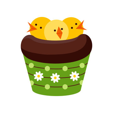Easter chocolate cupcake with chicks in nest isolated on white background. Cake sweets food muffin and nest with yellow bird. Flat design caratoon style home made dessert vector illustration.