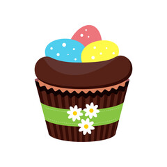 Easter cupcake with eggs in nest isolated on white background. Cake sweets food muffin with colored bird eggs in chocolate nest. Flat design cartoon style home made dessert vector illustration.
