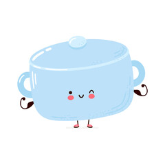 Cute funny Cooking pot show muscle. Vector hand drawn cartoon kawaii character illustration icon. Isolated on white background. Cooking pot fitness concept