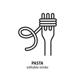 Pasta vector icon. Line sign italian pasta for web design isolated on white background. Spaghetti on a fork. Editable stroke.
