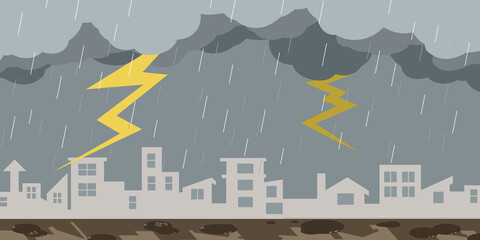 街並み　大雨　雷