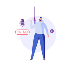 Podcaster Standing with Microphone and Recording Podcasts in Mobile App. Audio Podcast. Concept of Online Podcasting, Online Radio Show, Radio Host. Vector illustration for Web Design
