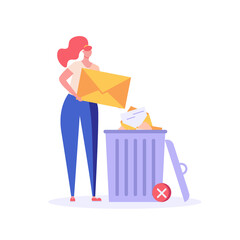 Woman standing with email or message and trash can. User deleting e-mail or spam to waste bin. Concept of delete files, cleaning email, remove spam. Flat vector illustration for UI and website