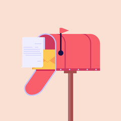 Red mailbox with letter. Concept of subscribe newsletter, subscription, email subscribe. Vector illustration in flat design for UI, website, mobile app