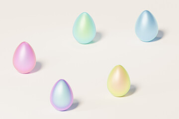 Painted colorful Easter eggs, beige neutral background, spring April holidays card, isometric 3d illustration render