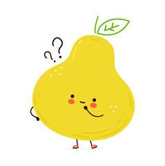Cute funny Pear fruit with question marks. Vector hand drawn cartoon kawaii character illustration icon. Isolated on white background. Pear fruit think concept