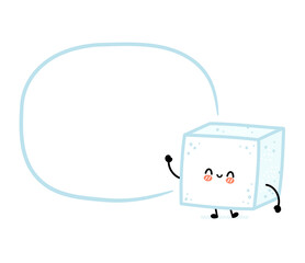 Cute funny happy sugar piece cube character with text box. Vector flat line cartoon kawaii character illustration icon. Isolated on white background. Sugar cube character concept