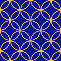 Seamless vector with the geometric ornament of yellow regular circles on blue background. Good print for wrapping paper, packaging design, wallpaper, ceramic tiles, and textile 