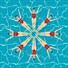 Synchronized swimming sport. Synchronized swimming lettering on a background with different swimmers.