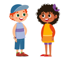 Two schoolchildren speak vector. Children laugh and play. The black woman is beautiful. Boys and girls. Illustration funny clipart set cute