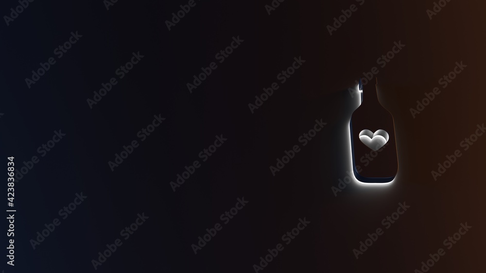 Poster 3d rendering of white light stripe symbol of wine bottle on dark background