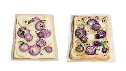 Set of raw and baked french onion tart isolated on white