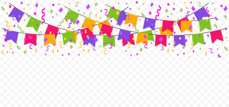 Colorful garland with celebration flags. Colour bunting with confetti and ribbons. Carnival garland for birthday, party and holiday. Banner or poster for decoration.