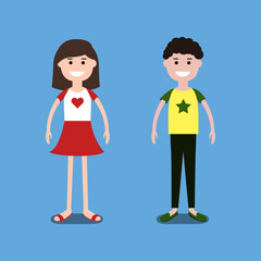 Standing kids in cartoon style on the blue background. Flat vector character design for game, book, banner, cover, social media, Smiling isolated children