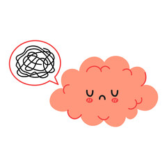 Cute funny brain character and speech bubble with tangle of messy thoughts. Vector cartoon kawaii character illustration icon. Isolated on white background. Brain in depression character concept