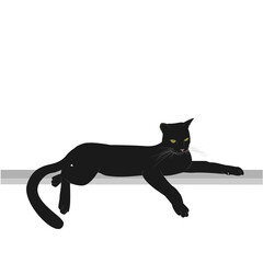 a black cat with green eyes is lying on a gray board. Isolated on a white background. Vector illustration, in cartoon style, on different layers. An element for the design of a banner or postcard.