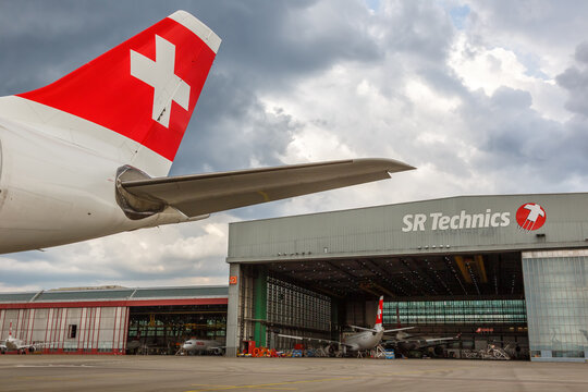 Swiss Airbus airplane Tail and SR Technics Zurich Airport in Switzerland