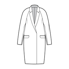 Cocoon jacket technical fashion illustration with notched lapel collar, oversized, long raglan sleeves, flap pockets, hide opening. Flat coat template front white color style. Women men top CAD mockup