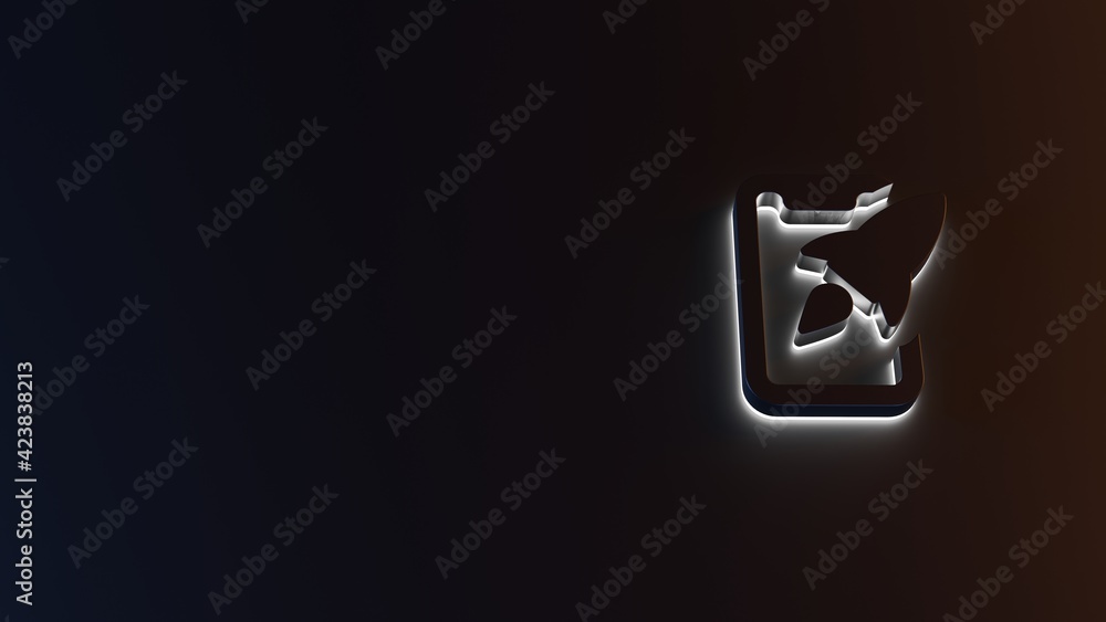 Poster 3d rendering of white light stripe symbol of rocket on dark background