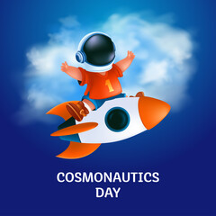 Poster or greeting card to 12 April - International Cosmonautics Day. The first human space flight. Vector illustration of kid astronaut in a helmet on the flying rocket on blue and cloudy background