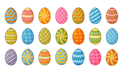 Colorful chicken eggs decorative with ornament and patterns icon set. Happy Easter collection. Cute colored decorating and painted eggshell. Spring religious tradition holiday food. Cartoon vector 
