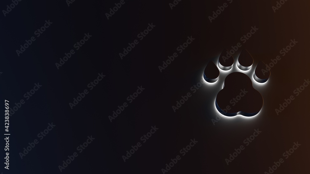 Poster 3d rendering of white light stripe symbol of paw on dark background