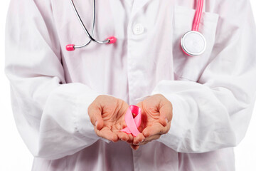 Caucasian doctor woman with pink stethoscope