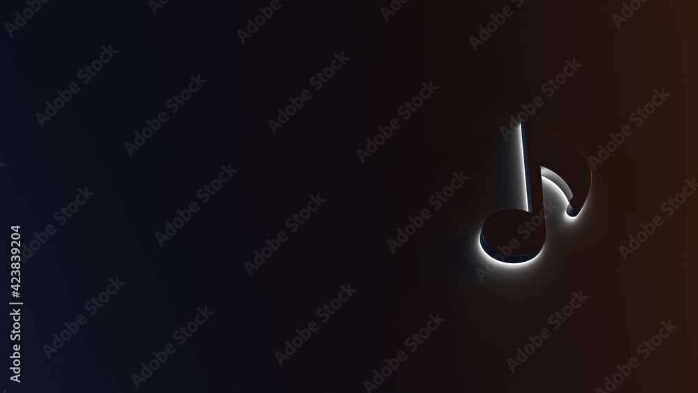 Poster 3d rendering of white light stripe symbol of musical note on dark background