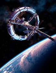 Obraz na płótnie Canvas Futuristic Space Station Orbiting Blue Planet Earth