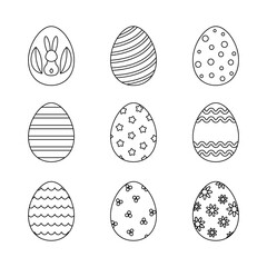 Vector line art Easter eggs for coloring. Isolated collection of spring holiday elements. Set of funny cartoon eggs for decoration and hunt.