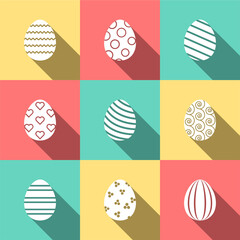 Glyph easter icons set. Vector white eggs collection on the colored background with long shadow. Spring holiday stamps.