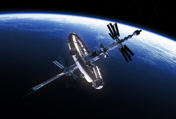 Obraz premium Big Space Station Orbiting Blue Planet Earth