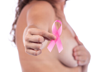 woman nude with breast cancer ribbon