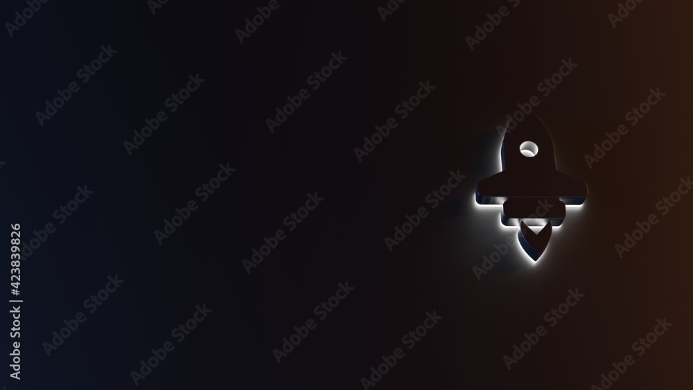 Poster 3d rendering of white light stripe symbol of launching rocket on dark background