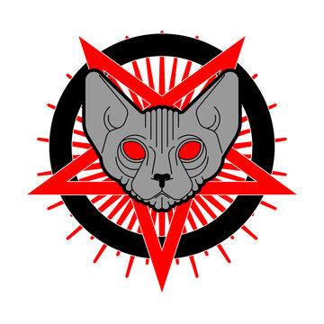 Cat Demon. Satanic symbol. Satan with cat head. Devil symbol pentagram.