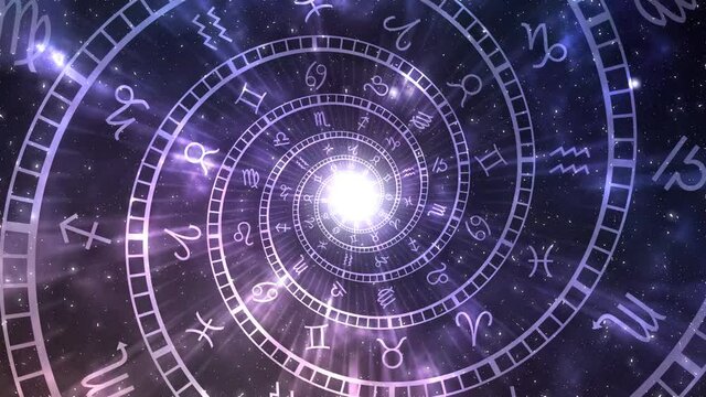 Endless looping zodiac signs spiral over astronomy galaxy background, horosocope, esoteric or fortune concept