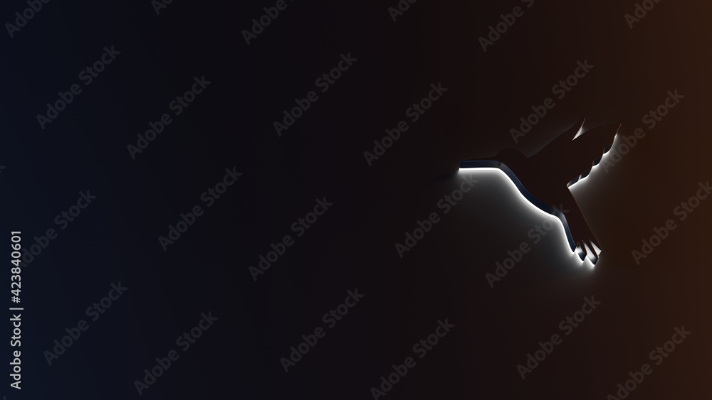 Poster 3d rendering of white light stripe symbol of hummingbird on dark background