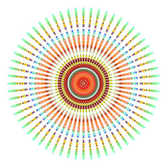 Creative multicolored points round symbol. Abstract symmetrical logo. Mosaic colorful beautiful beads. Circle dots modern pixel floral art icon. Colored pattern ornament wheel decorative illustration.