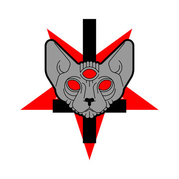 Cat Demon. Satanic symbol. Satan with cat head. Devil symbol pentagram.