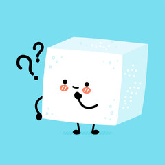 Cute funny happy sugar piece cube character with question marks. Vector flat line cartoon kawaii character illustration icon. Sugar cube character concept