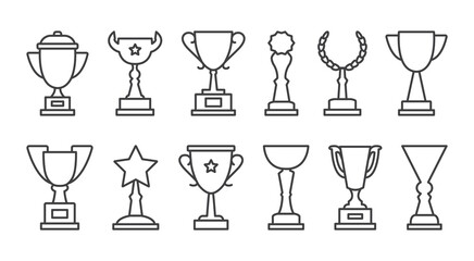 Cup trophy vector icons, award black thin line, winner champion reward isolated on white background. Editable stroke. Sport illustration