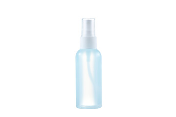 Light blue matte bottle of sanitizer gel on a white background. Spray bottle on a white background.